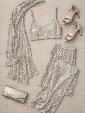 Fashion Nova Silver Sequin 3-Piece Duster & Pant Set